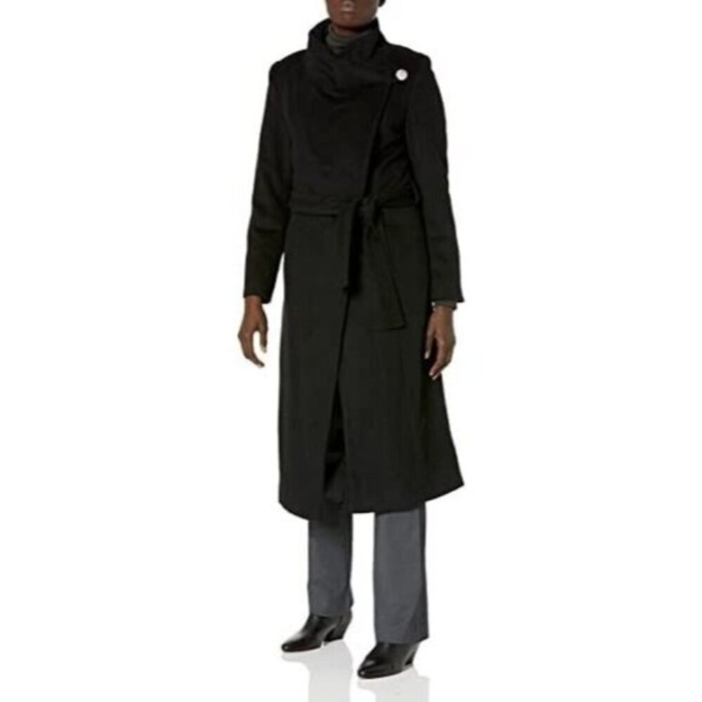 Kenneth Cole NY Fencer Melton Wool Belted Black Coat Mid Length SZ 4 New $360
